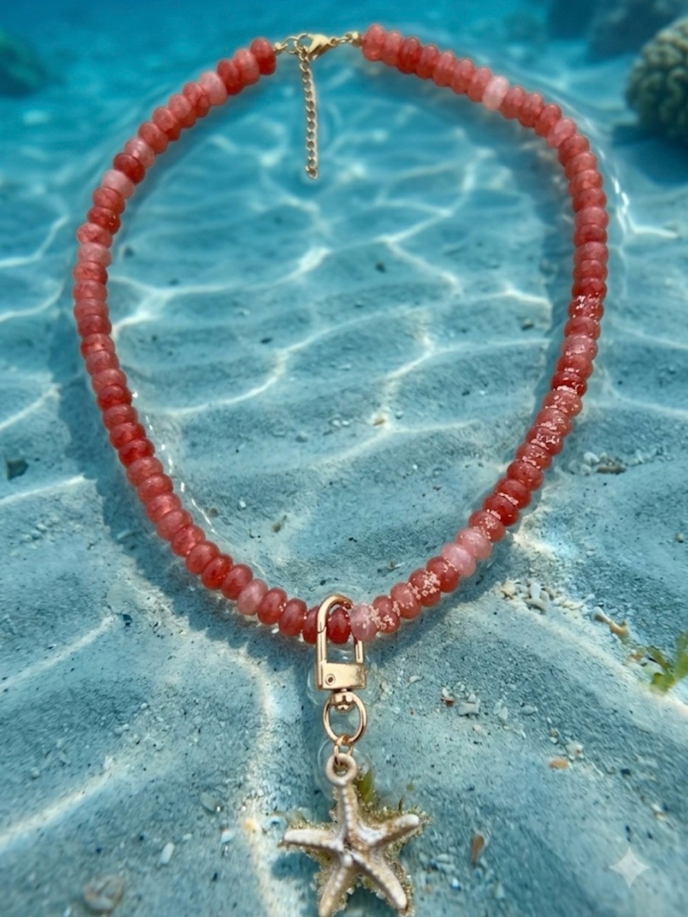 Beach Vibes Gold Starfish Pendant Pink Beaded Necklace